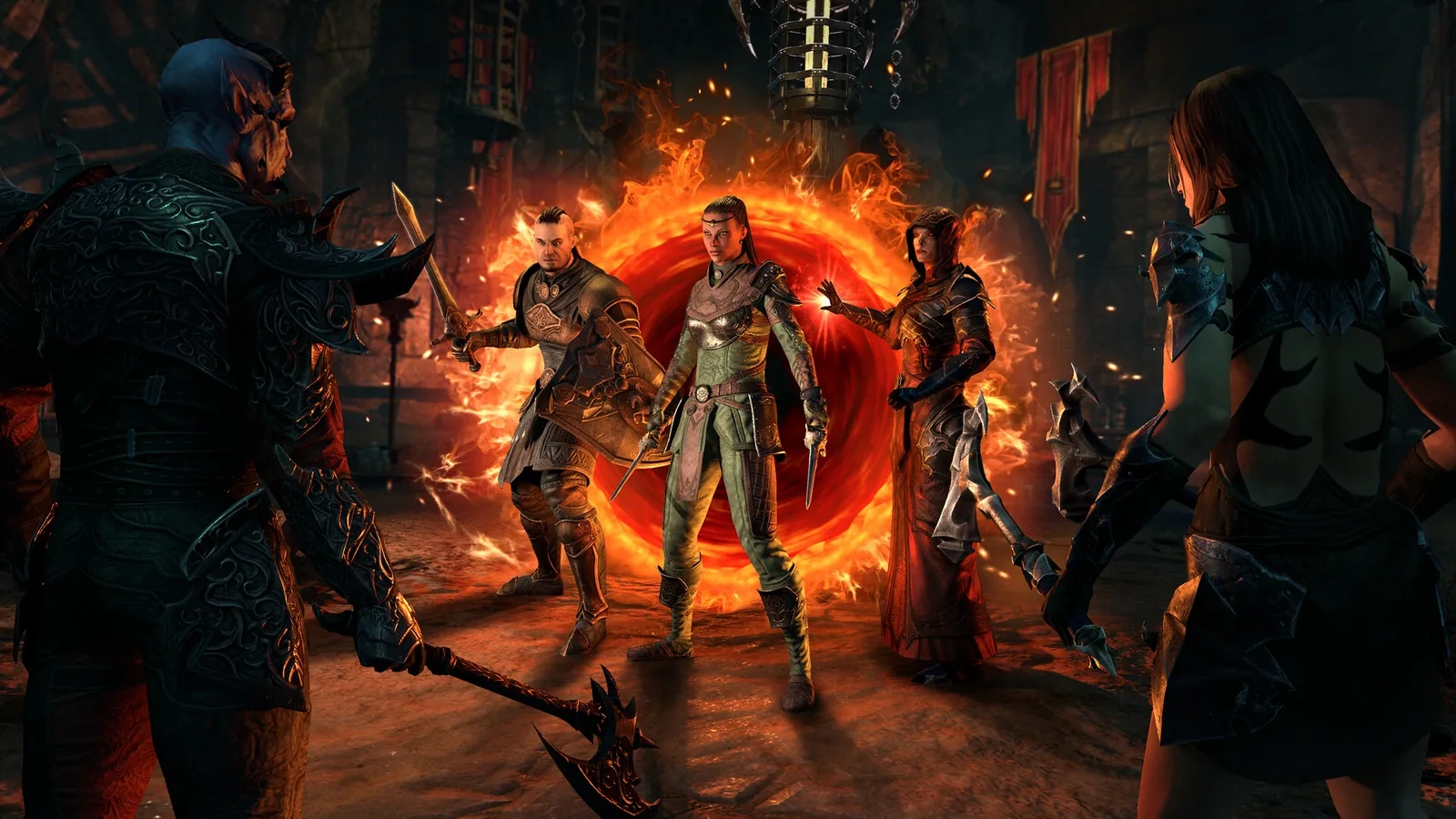 Отряд из трёх героев The Elder Scrolls Online стоит у огненного портала в подземелье напротив вооружённых противников