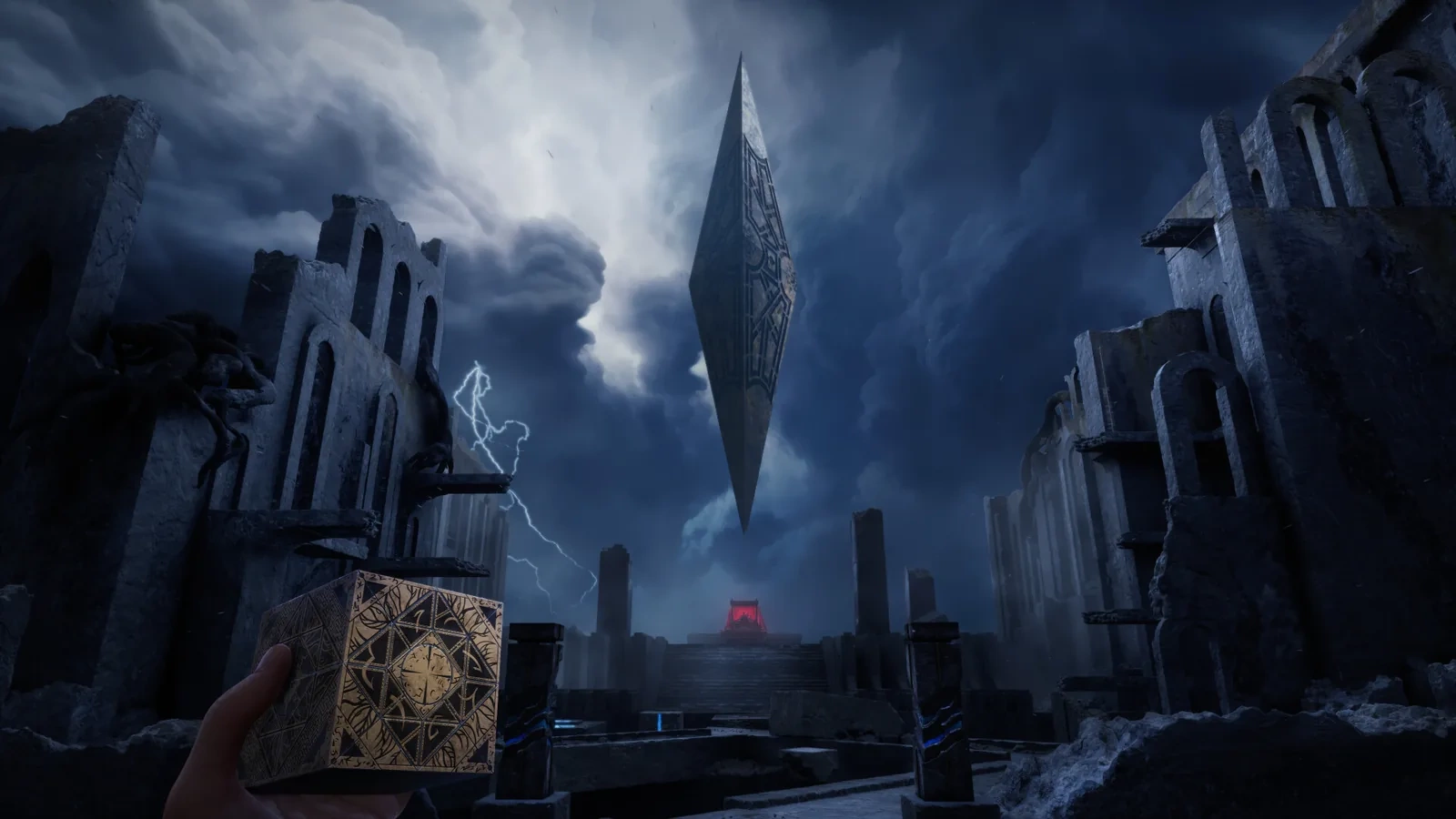Лабиринт в Clive Barker's Hellraiser: Revival: Левиафан в грозовом небе и шкатулка в руке героя