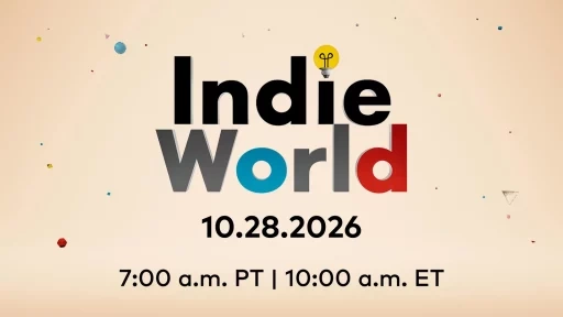 Логотип Indie World на бежевом фоне, вместо точки над i жёлтая лампочка, ниже дата 10.28.2026 и время 7:00 a.m. PT и 10:00 a.m. ET