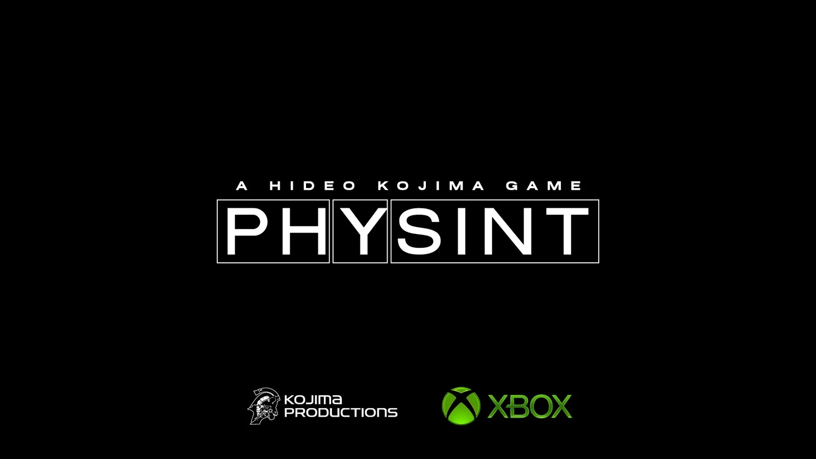 Белый логотип PHYSINT в рамках на чёрном фоне, над ним надпись A Hideo Kojima Game, ниже логотипы Kojima Productions и XBOX