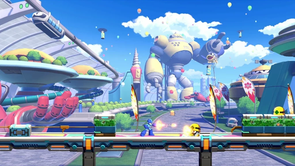 Скриншот Mega Man: Dual Override: Мегамен стреляет из бастера в ярком городе, на фоне гигантский робот
