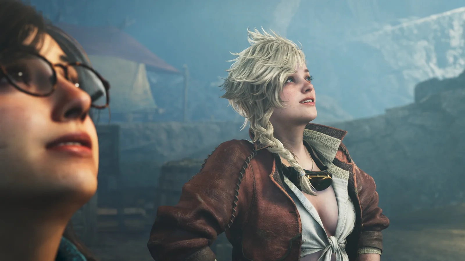 Скриншот Monster Hunter Wilds: Ascendance: Альма в очках и героиня со светлой косой на фоне тумана