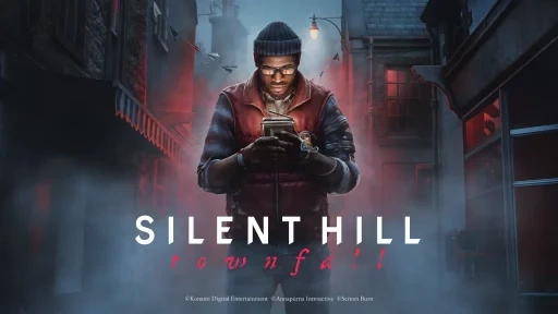 Ключевой арт Silent Hill: Townfall: Саймон Орделл с карманным телевизором CRTV на туманной улице