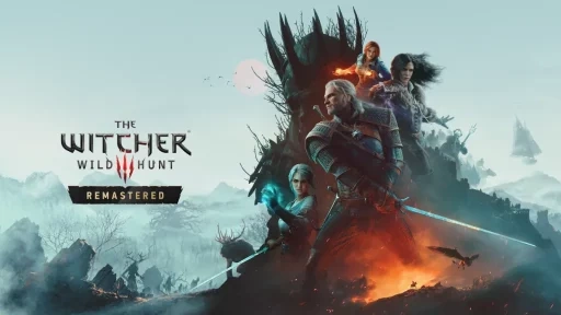Ключевой арт The Witcher 3 Wild Hunt Remastered: Геральт с мечом, за ним Цири, Йеннифэр и Трисс