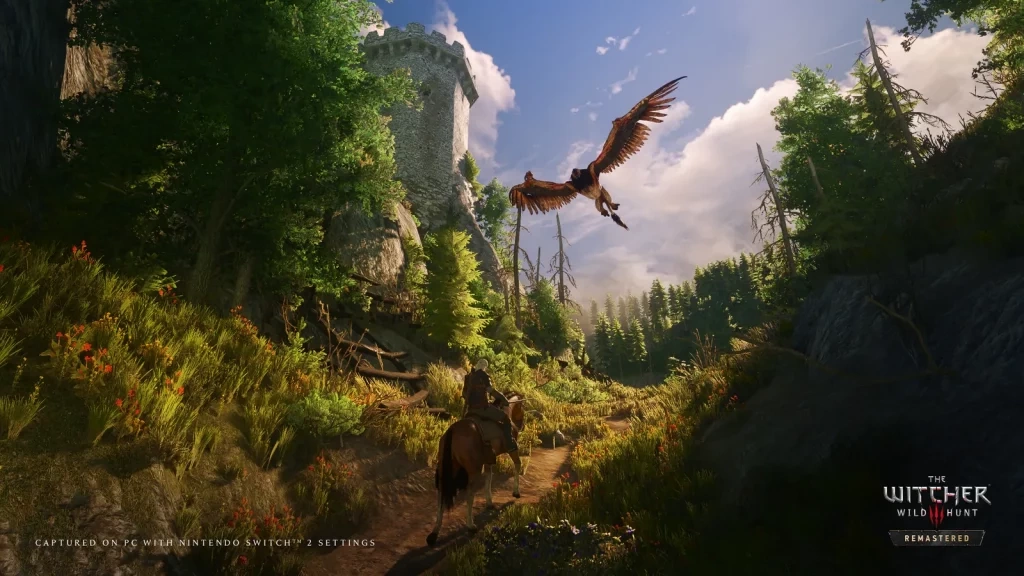 Геральт верхом на Плотве, над лесом летит грифон, The Witcher 3 Remastered