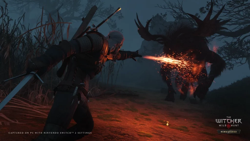Геральт применяет Игни против чудовища ночью в The Witcher 3 Remastered
